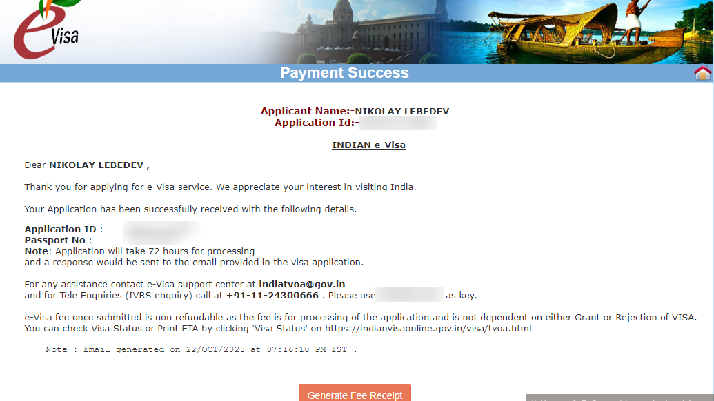 Indian visa payment success