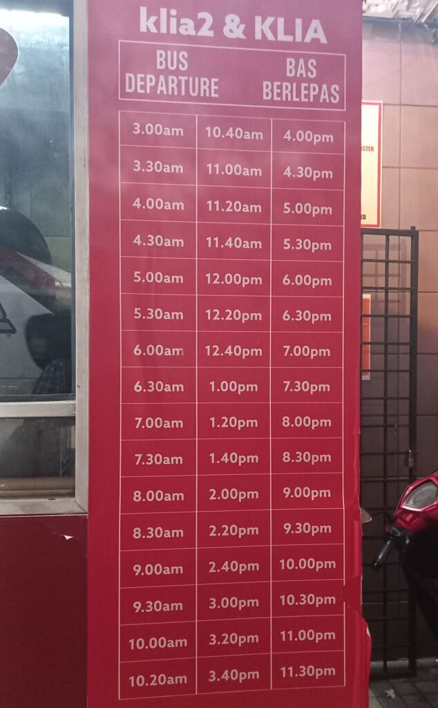 Bus schedule KLcenrtal to KLIA