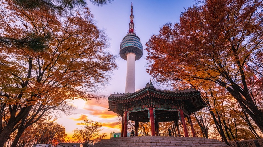 Namsan Park and Seoul Tower amid autumn leaves, South Korea