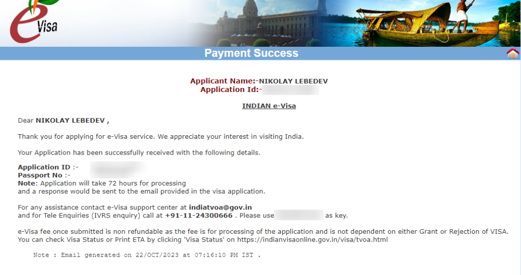 Indian visa payment success